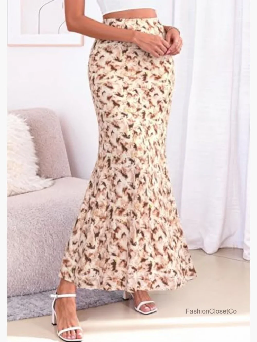 Women's Maxi Skirt High Waisted Mermaid Ruffle Flowy Office Work Long Slip Skirt - Picture 3 of 7